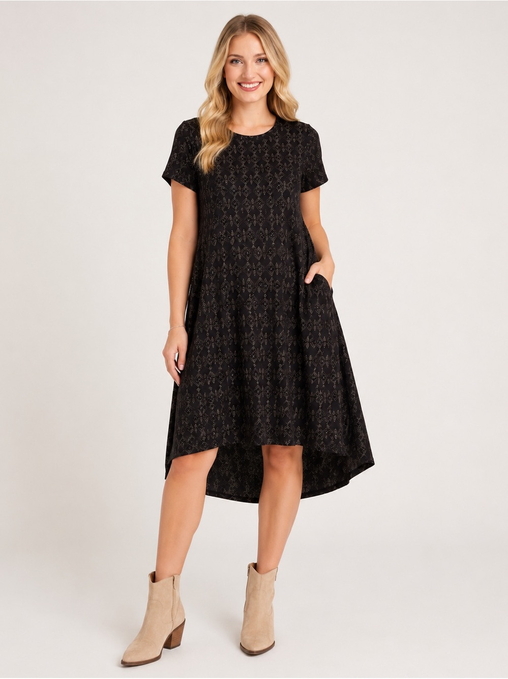 Black/gold/silver high/low Carly Swing Dress